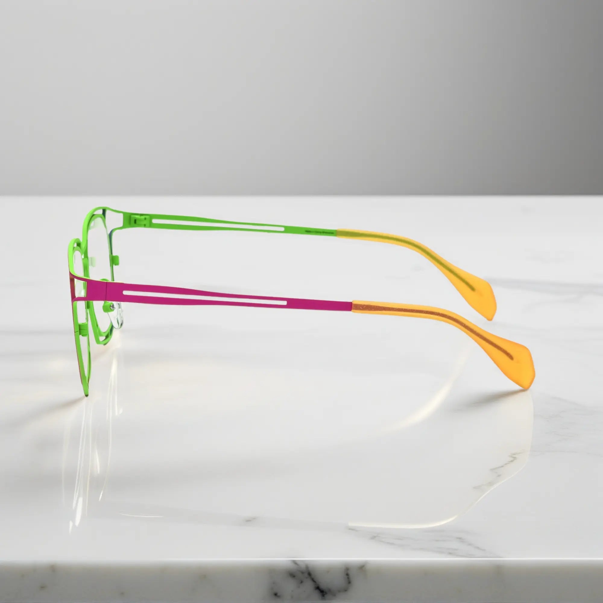 Side view showing temple and hinge details of Rainbow Burst titanium frame